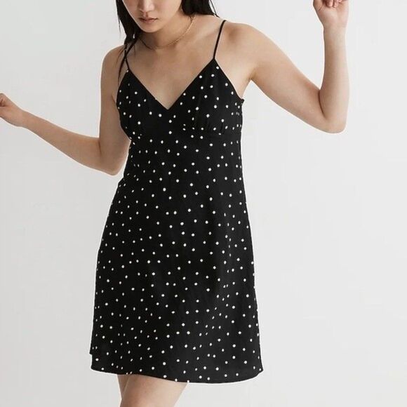 Madewell Layton Mini Slip Dress in Pure Black with Polkadots Size 14 NWT - Picture 1 of 8
